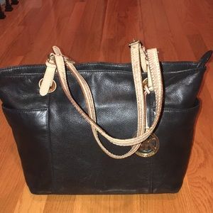 Michael Kors black leather handbag with tan straps